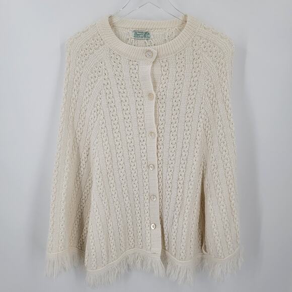 Glamour Knit Poncho Womens One Size Cream Button Up Arm Slits Boho Vintage - Picture 1 of 11